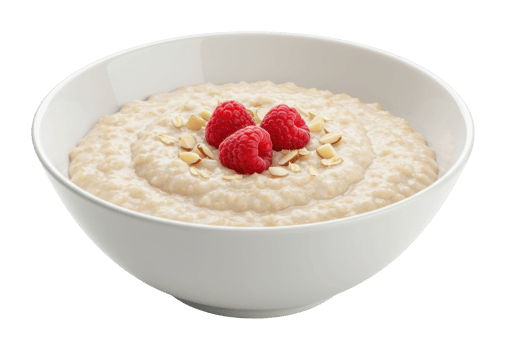 Creamy oatmeal with fresh raspberries and sliced almonds in white bowl. png