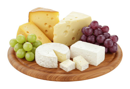 Assorted cheese platter with brie, swiss, grapes on wooden board. png