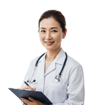 Asian female doctor smiling with clipboard and stethoscope. png