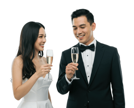 Young asian couple in elegant attire toasting with champagne glasses at formal event. png