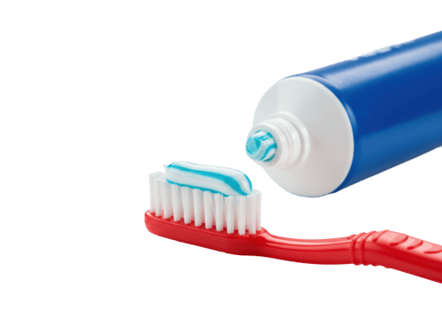 Toothpaste and red toothbrush with blue tube for oral care. png