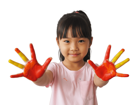 Asian female child with colorful painted hands. png