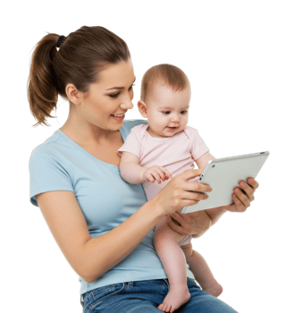 Caucasian female adult with baby using tablet for interactive learning. png