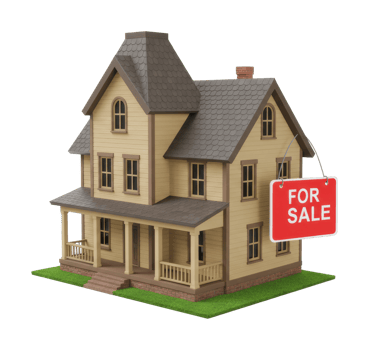 Charming two story victorian house model with for sale sign on lawn. png