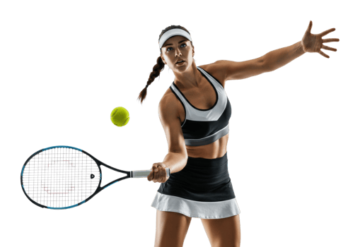 Female tennis player in action with racket and ball on court. png