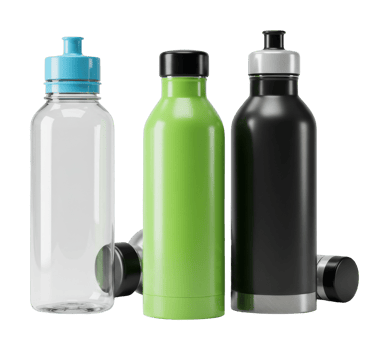 Assorted water bottles with caps clear, green, black, silver, blue colors. png