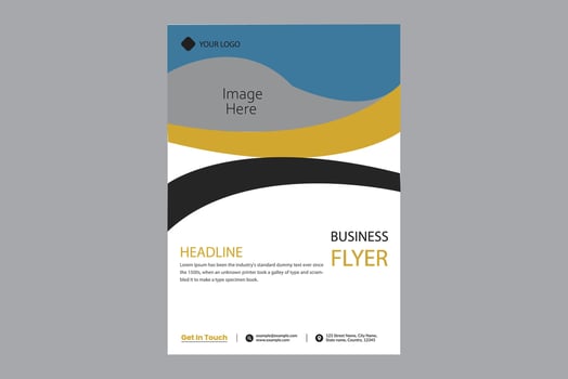 Business flyer blue, yellow, black curve design vector