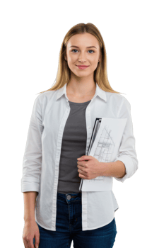 Young female architect holding blueprints. png