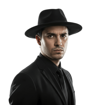 Serious young hispanic male in black suit and hat. png
