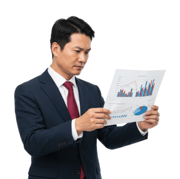 Asian male adult analyzing financial graphs in business suit. png