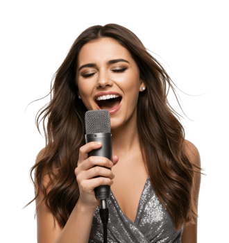 Young female singing with microphone in elegant silver dress. png
