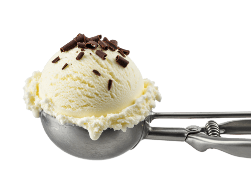 Vanilla ice cream scoop with chocolate shavings on metal spoon. png