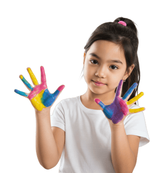 Asian young girl showing painted hands with bright colors. png