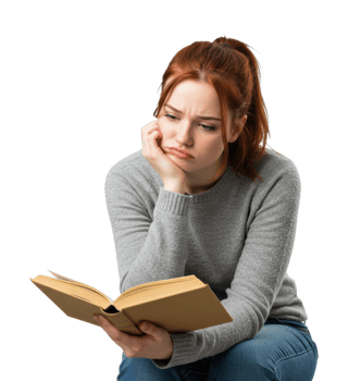 Caucasian young female reading book, thinking, expressive face, red hair, casual wear. png
