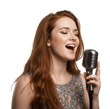 Young female singing with vintage microphone. png