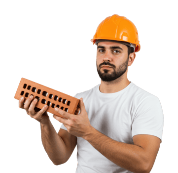 Young male construction worker holding brick wearing orange safety helmet. png