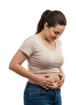 Caucasian young female smiling at growing baby bump in casual wear. png