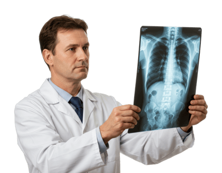 Male doctor examines chest x ray for medical diagnosis. png