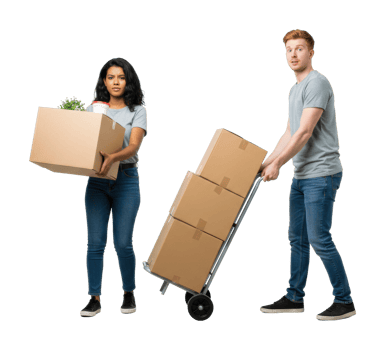 Young male and african female moving boxes together with a hand truck. png
