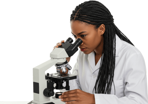 African female scientist using microscope for research in a laboratory. png