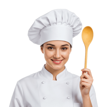 Female young chef in white uniform holding wooden spoon. png