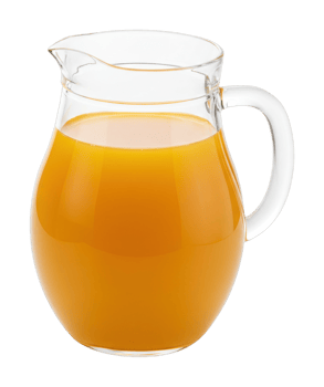 Clear glass pitcher filled with fresh orange juice. png
