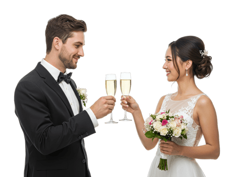 Caucasian male and asian female newlyweds toasting with champagne glasses. png
