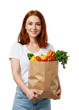 Young female holding grocery bag with fresh vegetables. png