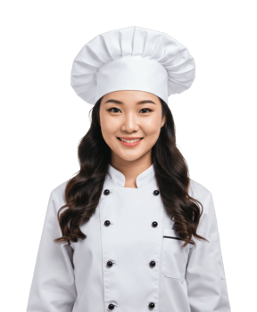 Asian female chef in white uniform with chef hat smiling confidently. png