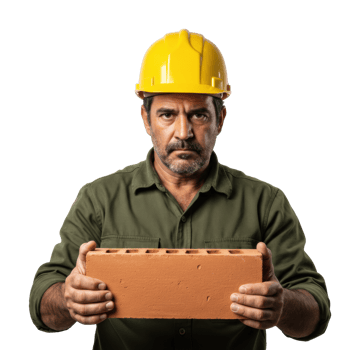 Serious hispanic male builder holding brick mature construction worker in yellow hard hat. png