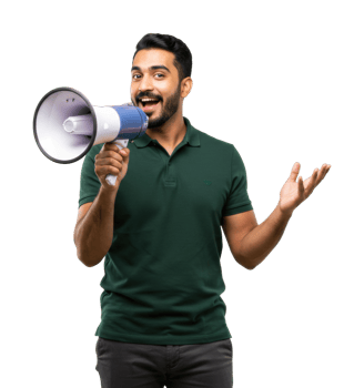Hispanic young adult male excitedly speaking through megaphone. png