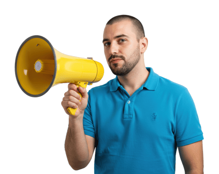 Young male holding yellow megaphone in blue shirt. png