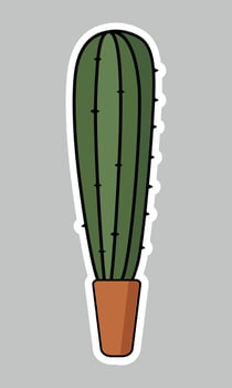 Tall green cactus in a terracotta pot with white outline on a gray background. Cartoon style illustration. Suitable for nature-related design projects, plants or desert. Stickers vector