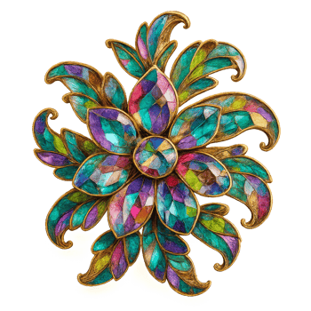 Prismatic Floral Brooch Design with Colorful Leaf Patterns png