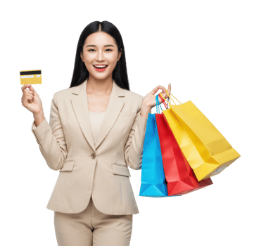 Asian female young adult holding credit card and shopping bags. png