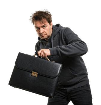 Caucasian male adult holding briefcase in suspicious pose wearing hoodie. png