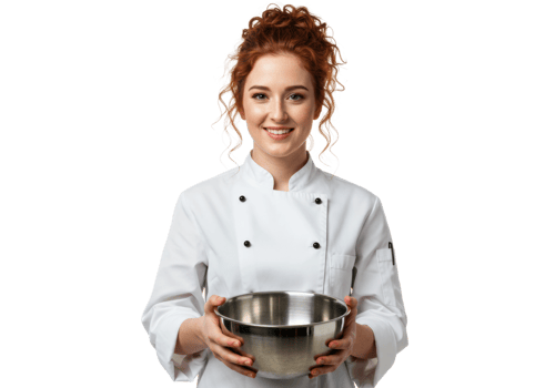 Caucasian young female chef holding a mixing bowl in uniform. png