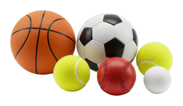 Assorted sports balls including basketball, soccer ball, tennis balls, baseball, and golf ball. png