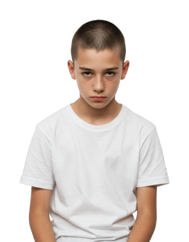 Serious young male child wearing white shirt. png