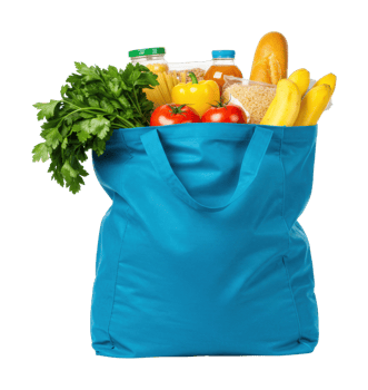 Blue tote bag filled with fresh groceries including vegetables, bread, and pasta. png
