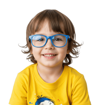 Smiling child with blue glasses in yellow shirt. png