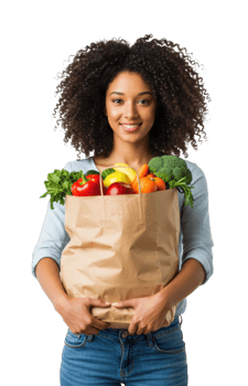 Young african female holding paper bag of fresh vegetables and fruits. png