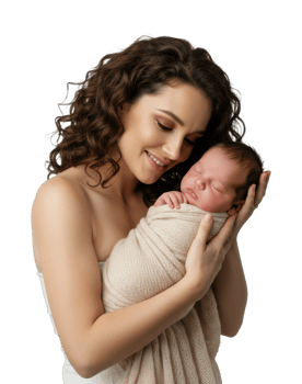Smiling female with curly hair holding sleeping baby wrapped in blanket. png