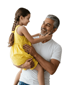 Caucasian mature male holding young female, smiling affectionately. png