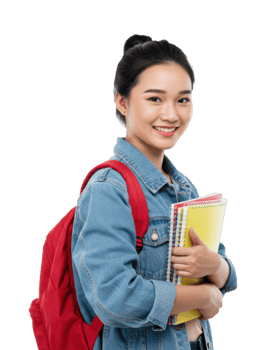 Asian female teen with red backpack and notebooks smiling. png