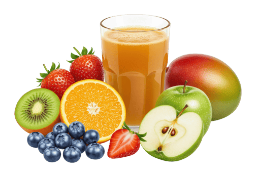 Fresh fruit juice with kiwi, apple, orange, mango, blueberries, and strawberries. png
