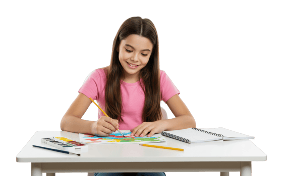 Caucasian young girl drawing and painting at a desk. png