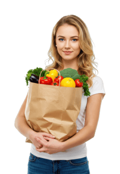 Caucasian young female holding grocery bag with fresh vegetables and fruits. png