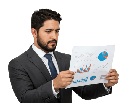 Businessman analyzing financial reports, hispanic male adult in a suit reviewing charts. png