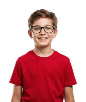 Smiling boy in red shirt with glasses. png